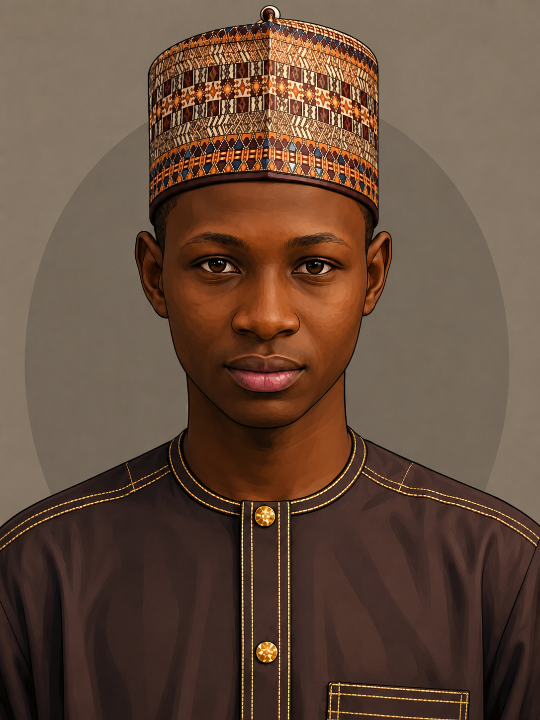 Illustrated portrait of Abdulmalik Suleiman wearing traditional clothing